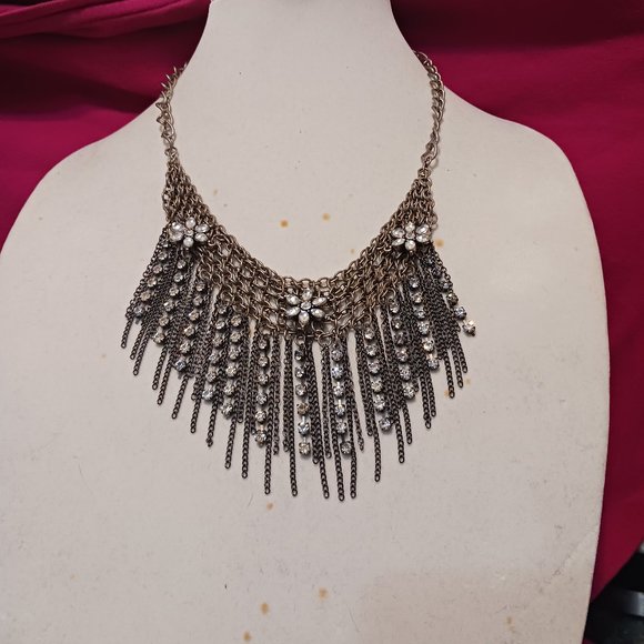 Fashion Bug Jewelry - Vintage Fashion Bug Chainmail Bib Necklace with Chain Fringe and Rhinestone